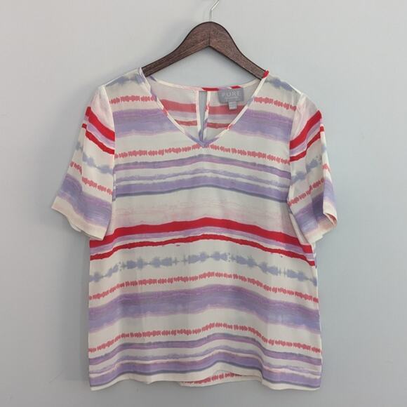 PURE Collection Silk Pink Purple Stripe Blouse Vneck Short Sleeve US 6 - Picture 2 of 7